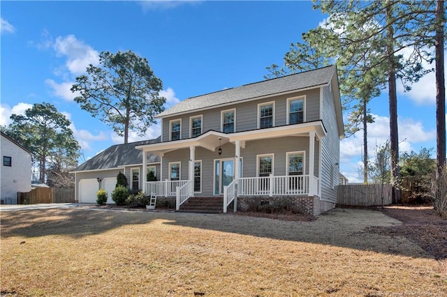 view of front facade featuring a front lawn, fence, covered porch, a garage, and crawl space