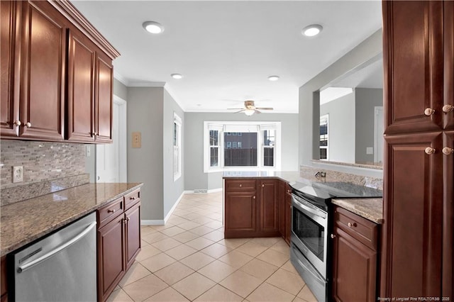 kitchen with tasteful backsplash, crown molding, light stone counters, light tile patterned flooring, and stainless steel appliances