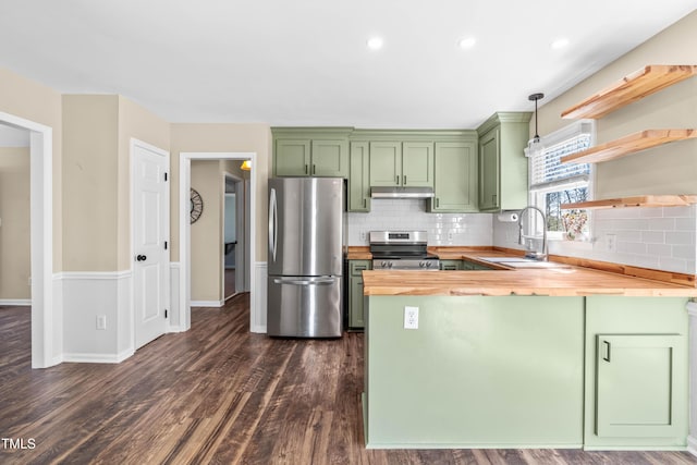 kitchen featuring green cabinetry, a sink, butcher block countertops, under cabinet range hood, and appliances with stainless steel finishes