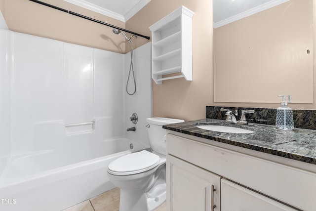 bathroom with shower / washtub combination, toilet, ornamental molding, tile patterned floors, and vanity