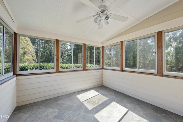 unfurnished sunroom with lofted ceiling, wood ceiling, and ceiling fan