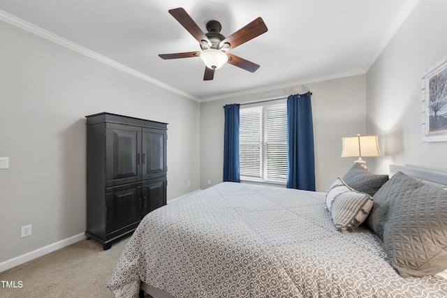 bedroom with baseboards, light carpet, ceiling fan, and crown molding