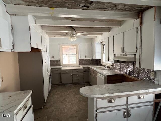 kitchen with under cabinet range hood, beamed ceiling, tasteful backsplash, and a peninsula