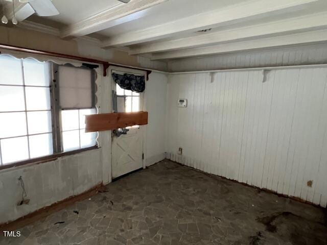 basement with a wealth of natural light and wood walls