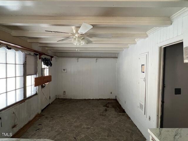 interior space with ceiling fan