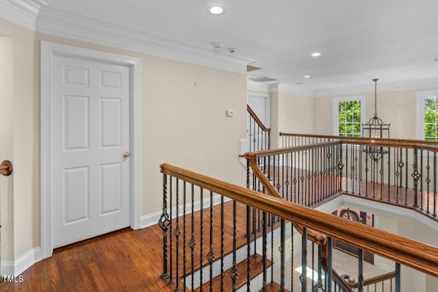405 Silver Creek Trl, Chapel Hill, NC 27514 - corridor featuring wood finished floors, ornamental molding, recessed lighting, and an upstairs landing