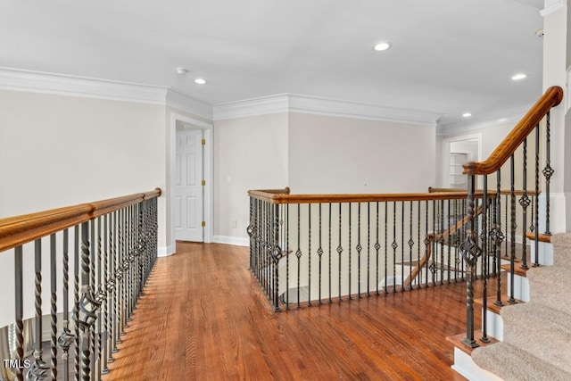 405 Silver Creek Trl, Chapel Hill, NC 27514 - corridor with wood finished floors, ornamental molding, and recessed lighting