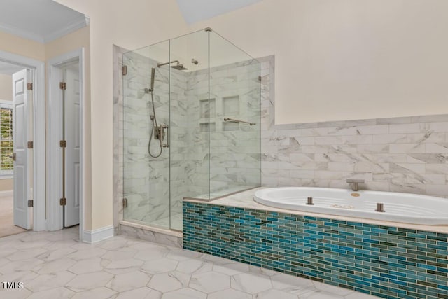 405 Silver Creek Trl, Chapel Hill, NC 27514 - bathroom featuring a garden tub, a stall shower, and crown molding
