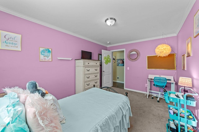 bedroom with baseboards, ornamental molding, and carpet flooring