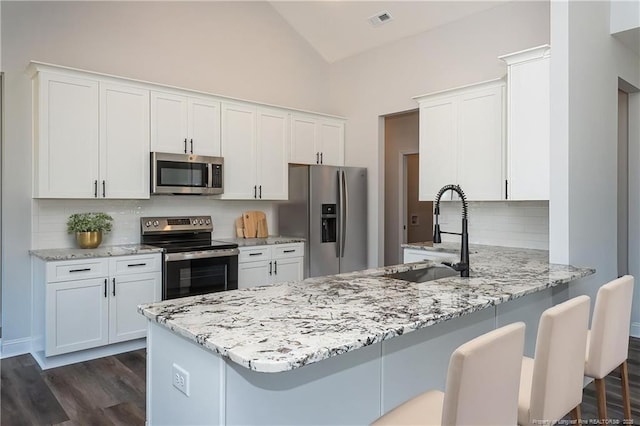 5814 James Allen Ln, Stedman, NC 28391 - kitchen featuring stainless steel appliances, a peninsula, light stone counters, white cabinetry, and decorative backsplash