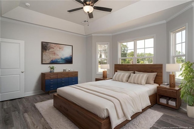 5814 James Allen Ln, Stedman, NC 28391 - bedroom with wood finished floors, a tray ceiling, ornamental molding, and ceiling fan