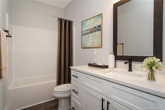 5814 James Allen Ln, Stedman, NC 28391 - full bath featuring vanity, shower / tub combo with curtain, and wood finished floors