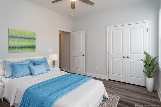 5814 James Allen Ln, Stedman, NC 28391 - bedroom featuring dark wood finished floors, a closet, and a ceiling fan