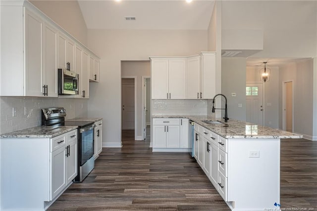 5814 James Allen Ln, Stedman, NC 28391 - kitchen featuring appliances with stainless steel finishes, a peninsula, dark wood-type flooring, and light stone countertops