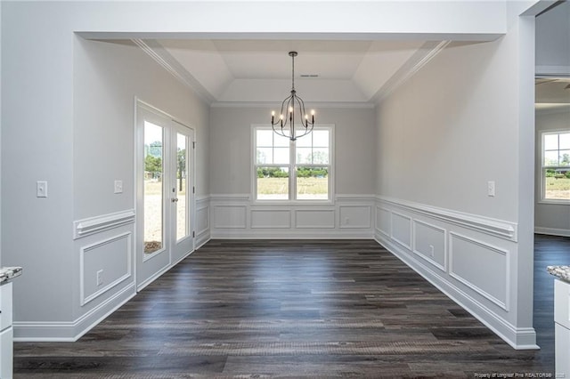 5814 James Allen Ln, Stedman, NC 28391 - unfurnished dining area featuring a chandelier, vaulted ceiling, dark wood finished floors, crown molding, and wainscoting