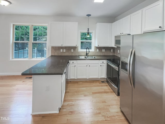 kitchen featuring a peninsula, a sink, white cabinets, appliances with stainless steel finishes, and tasteful backsplash