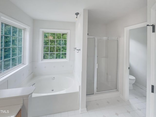 full bath featuring vanity, a garden tub, a shower stall, and toilet