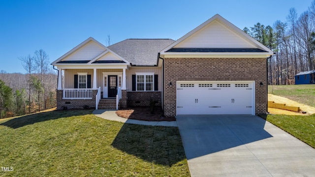 craftsman-style home with a front yard, driveway, a porch, an attached garage, and brick siding