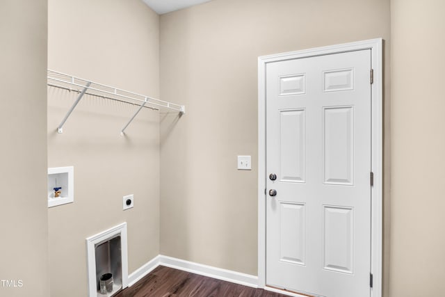 laundry room with electric dryer hookup, dark wood-style floors, baseboards, hookup for a washing machine, and laundry area