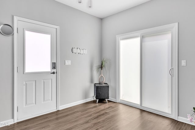 foyer entrance with baseboards and wood finished floors