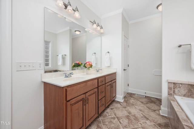 full bathroom with a sink, tiled bath, crown molding, double vanity, and baseboards