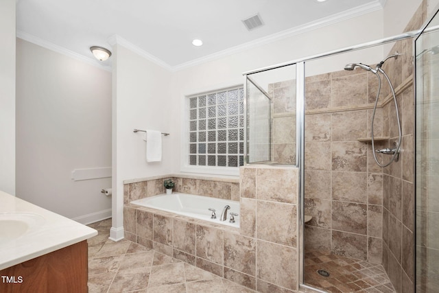 full bath featuring visible vents, a garden tub, a stall shower, crown molding, and vanity