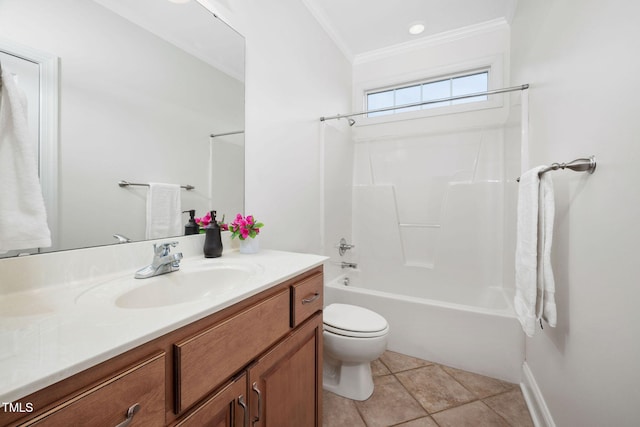 bathroom with crown molding, toilet, shower / bathing tub combination, tile patterned floors, and vanity