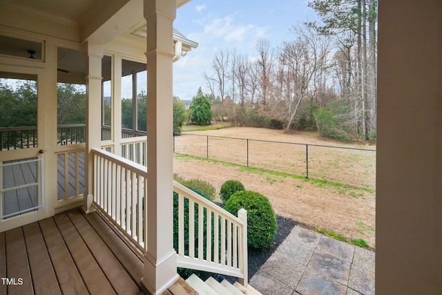 wooden terrace featuring fence