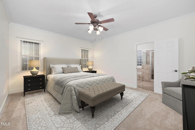 bedroom featuring ceiling fan, baseboards, light colored carpet, and ornamental molding