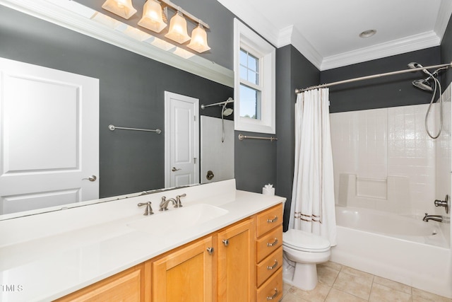 bathroom featuring shower / bathtub combination with curtain, toilet, crown molding, tile patterned flooring, and vanity