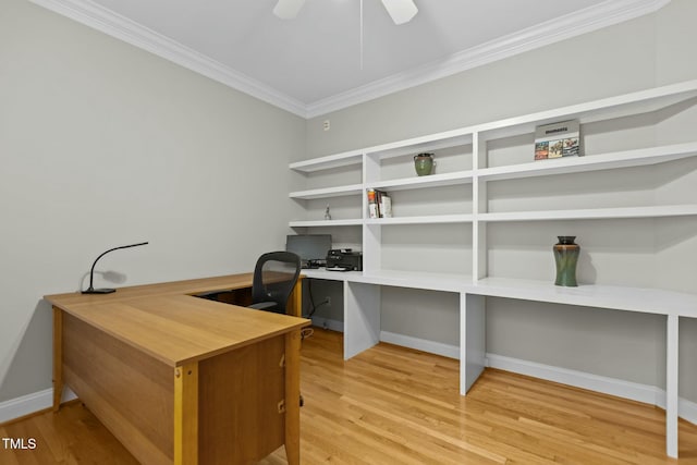 office with light wood finished floors, baseboards, a ceiling fan, and ornamental molding