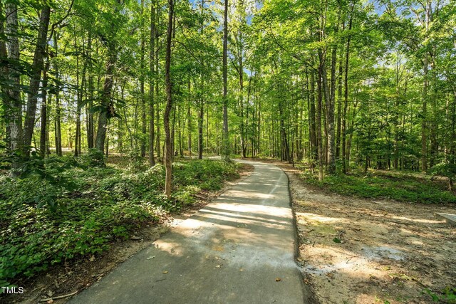 view of road featuring a forest view