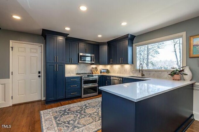 kitchen with light countertops, a peninsula, stainless steel appliances, blue cabinets, and a sink