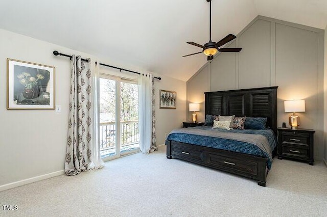 bedroom featuring high vaulted ceiling, a ceiling fan, carpet floors, baseboards, and access to exterior