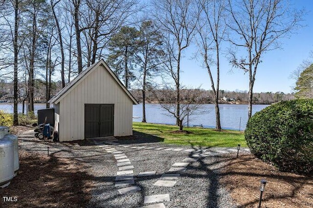 view of shed with a water view