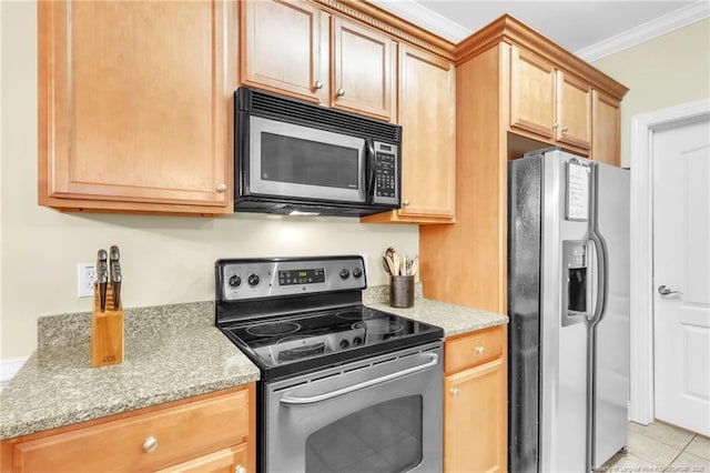 kitchen featuring crown molding, light stone countertops, light brown cabinetry, light tile patterned floors, and appliances with stainless steel finishes