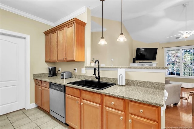 kitchen with a sink, light stone counters, stainless steel dishwasher, open floor plan, and a peninsula