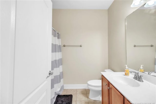 full bathroom featuring vanity, baseboards, curtained shower, tile patterned floors, and toilet