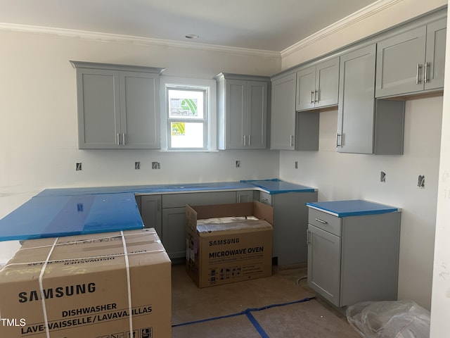 kitchen with crown molding and gray cabinetry