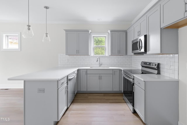 1448C Maplewood Dr, Durham, NC 27704 - kitchen featuring appliances with stainless steel finishes, a sink, a peninsula, ornamental molding, and gray cabinets