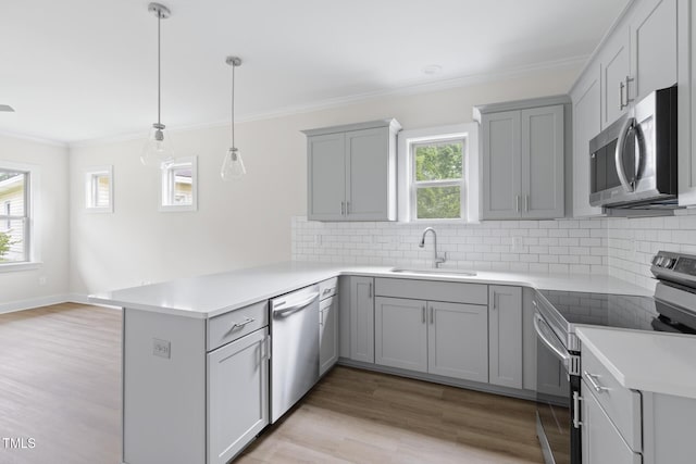 1448C Maplewood Dr, Durham, NC 27704 - kitchen with stainless steel appliances, a sink, a peninsula, gray cabinets, and decorative backsplash