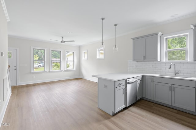 1448C Maplewood Dr, Durham, NC 27704 - kitchen featuring stainless steel dishwasher, gray cabinets, a sink, a peninsula, and light wood-type flooring
