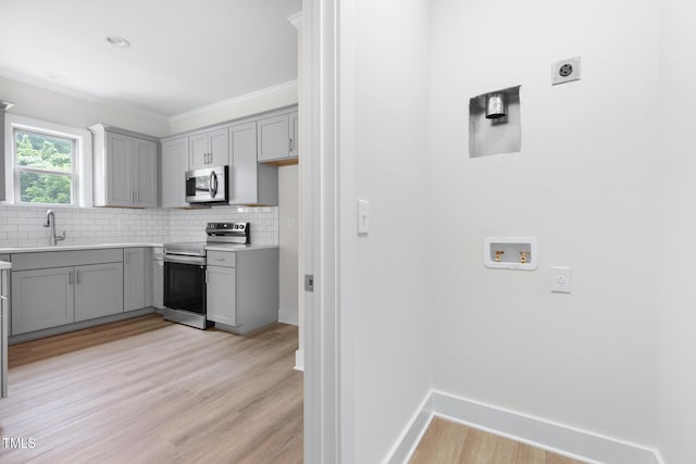1448C Maplewood Dr, Durham, NC 27704 - kitchen featuring appliances with stainless steel finishes, gray cabinets, a sink, decorative backsplash, and ornamental molding