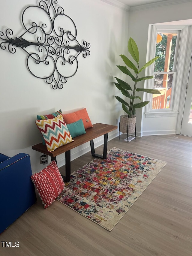 living area featuring baseboards, wood finished floors, and crown molding