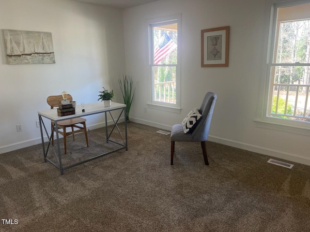 office space with a wealth of natural light, visible vents, and carpet floors