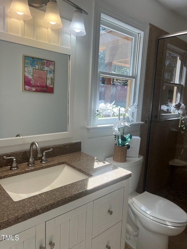 bathroom with vanity, toilet, and a stall shower