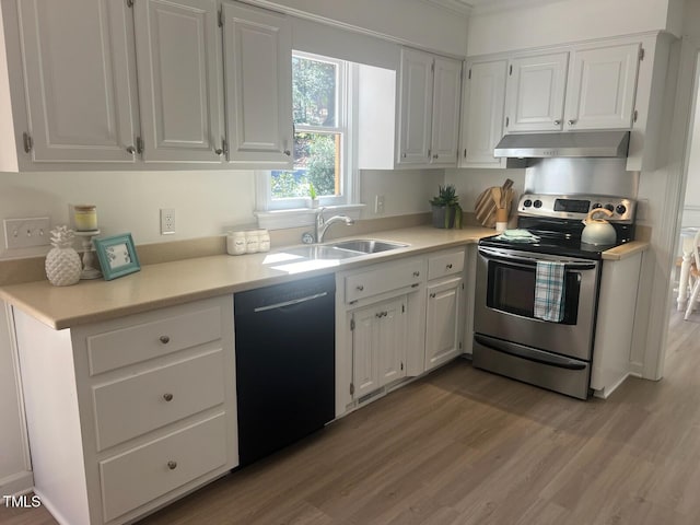 kitchen with white cabinetry, electric range, a sink, under cabinet range hood, and dishwasher