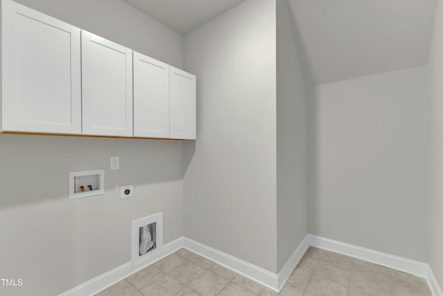 clothes washing area with baseboards, cabinet space, hookup for an electric dryer, and washer hookup