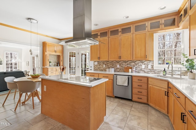 kitchen with decorative backsplash, a sink, stainless steel dishwasher, island range hood, and black electric cooktop