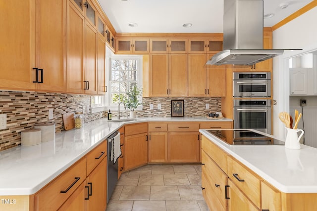 kitchen featuring dishwashing machine, island exhaust hood, a sink, decorative backsplash, and black electric stovetop